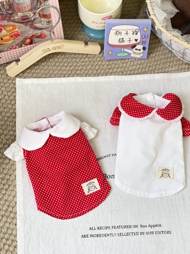 超可爱娃娃领红白波点衬衣