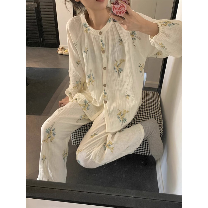 秋冬新款睡衣女长袖圆领国风复古家居服套装