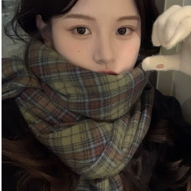 仿羊绒绿色格子围巾女冬季流苏韩版百搭保暖加厚披肩学生围脖两用
