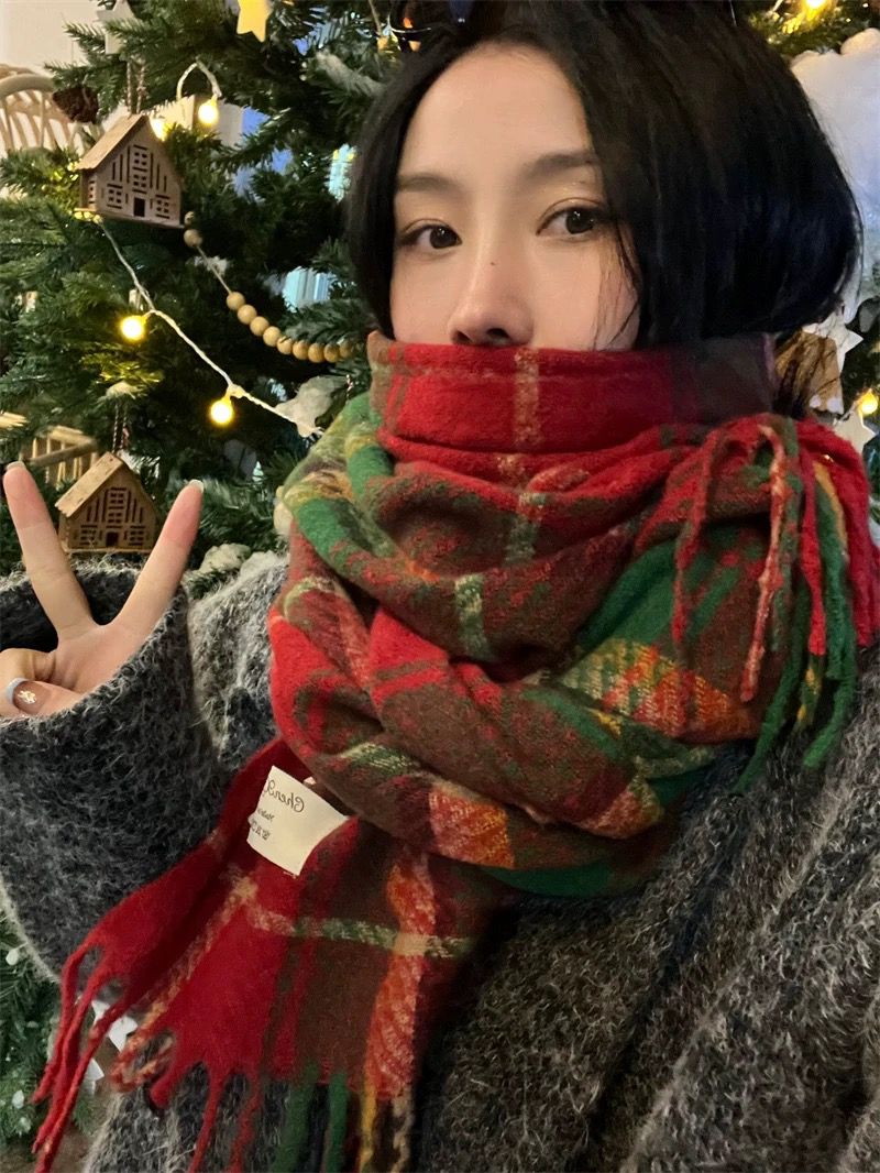 节日氛围感~红绿围巾冬季女韩版格子仿羊绒新年礼物保暖圣诞围脖