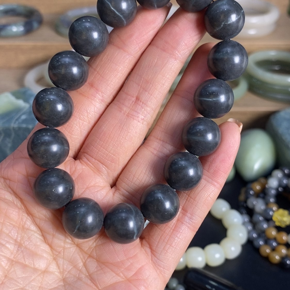 【闪购商品】和田玉手链未镶嵌碧玉夹层一线天14mm