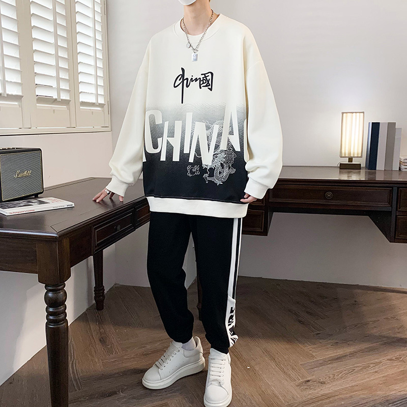 春秋季圆领宽松卫衣胖男孩青少年初高中学生帅气衣服大童男装套装