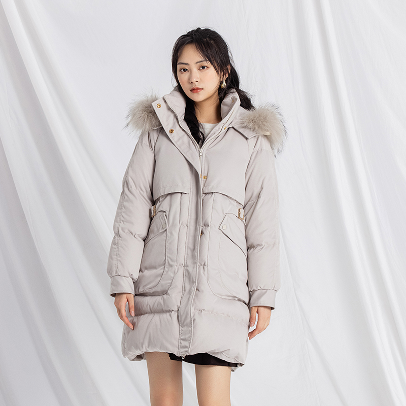 a.yilian/阿依莲新款冬季羽绒服连帽中长款保暖女款鸭绒服