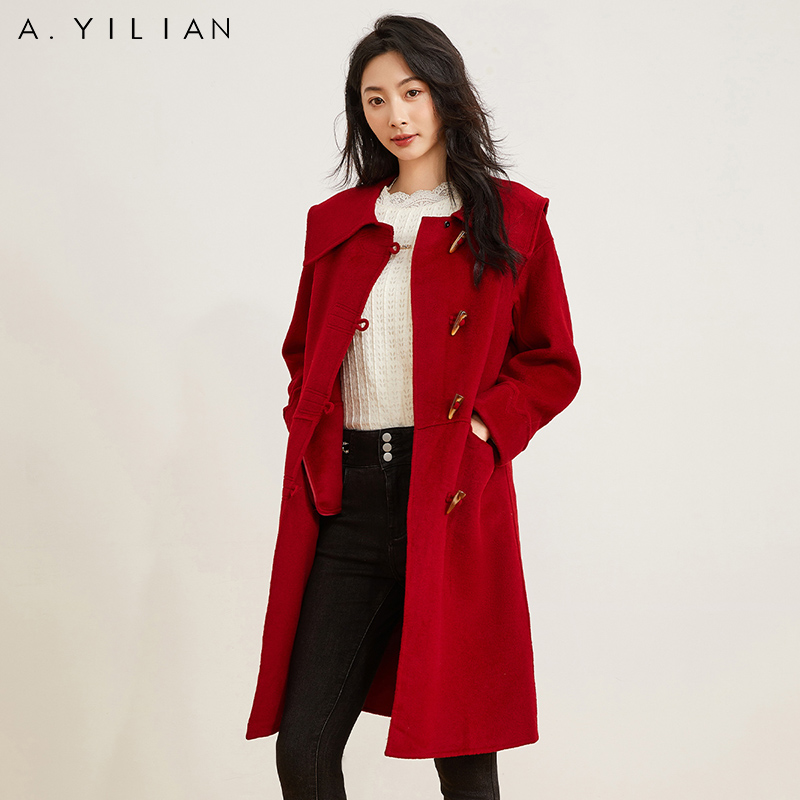 a.yilian阿依莲冬款牛角扣时尚气质大衣风衣