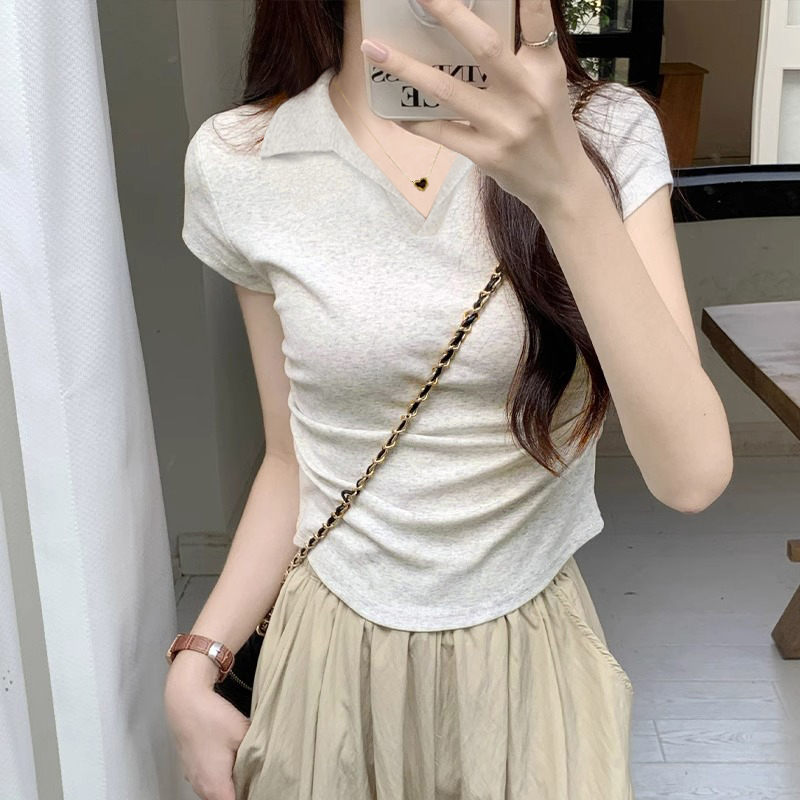 浪莎弧形下摆短袖T恤女夏季美式辣妹Polo翻领设计感纯欲短款上衣