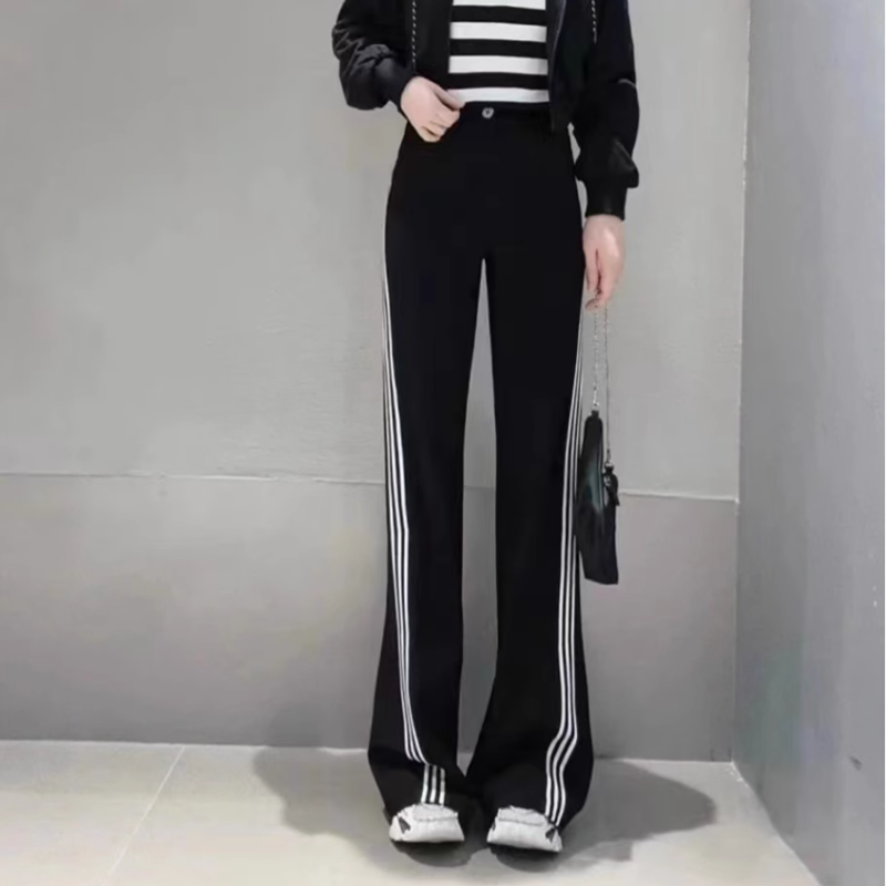 商场同款女装春秋新款垂感潮流黑色侧边高腰休闲微喇长裤5100458