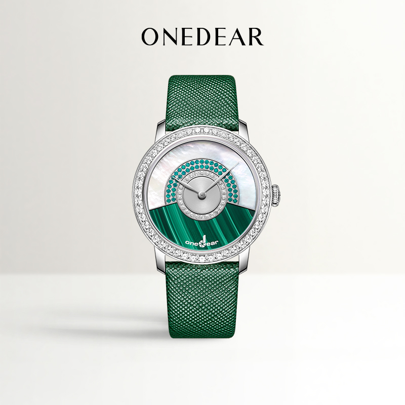 onedear女士小绿表圆贝母孔雀石镶石腕表时尚轻奢高级感手表