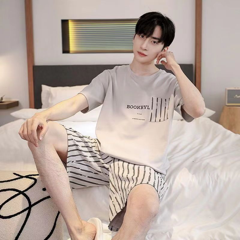 夏季男士纯棉圆领短袖短裤睡衣宽松休闲青年潮流常规套装家居服