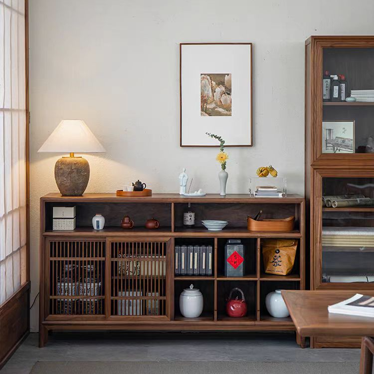 新中式北美家用收纳柜黑胡桃木餐边柜置物柜储物柜展示柜矮柜客厅