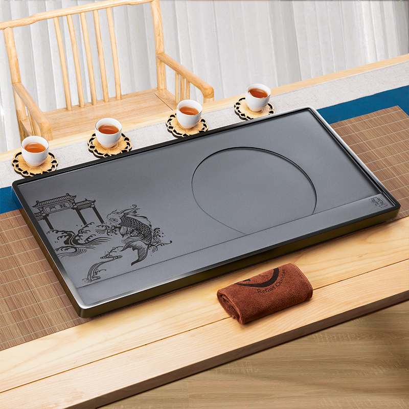 乌金石石茶盘天然石茶台托盘黑色简约轻奢手工排水正宗乌金石茶盘