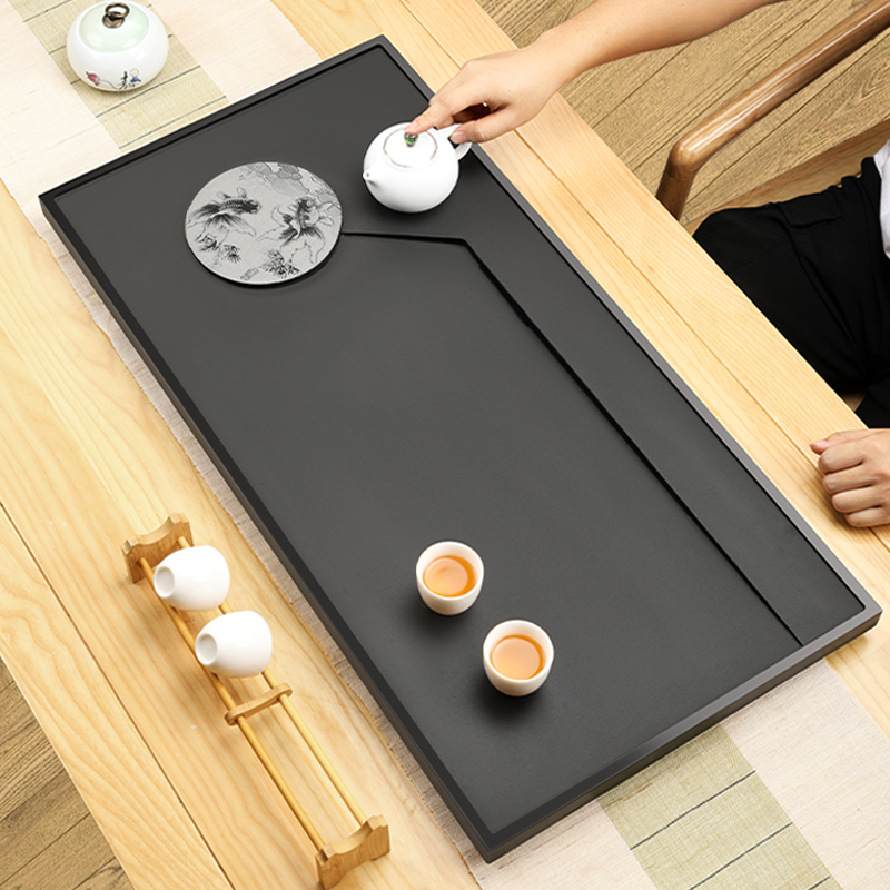 客厅创意茶桌复古影雕禅意排水式天然乌金石茶盘高档手工办公商用