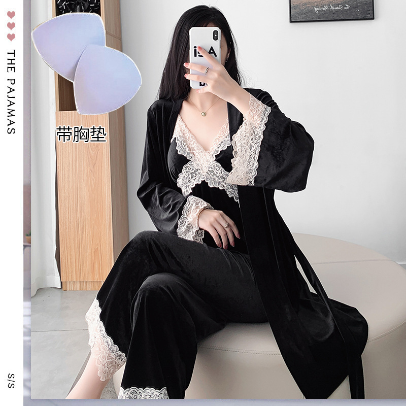 Xunmi/浔觅 蕾丝开衫长袖长睡裤套装三件套金丝绒睡衣女居家睡衣