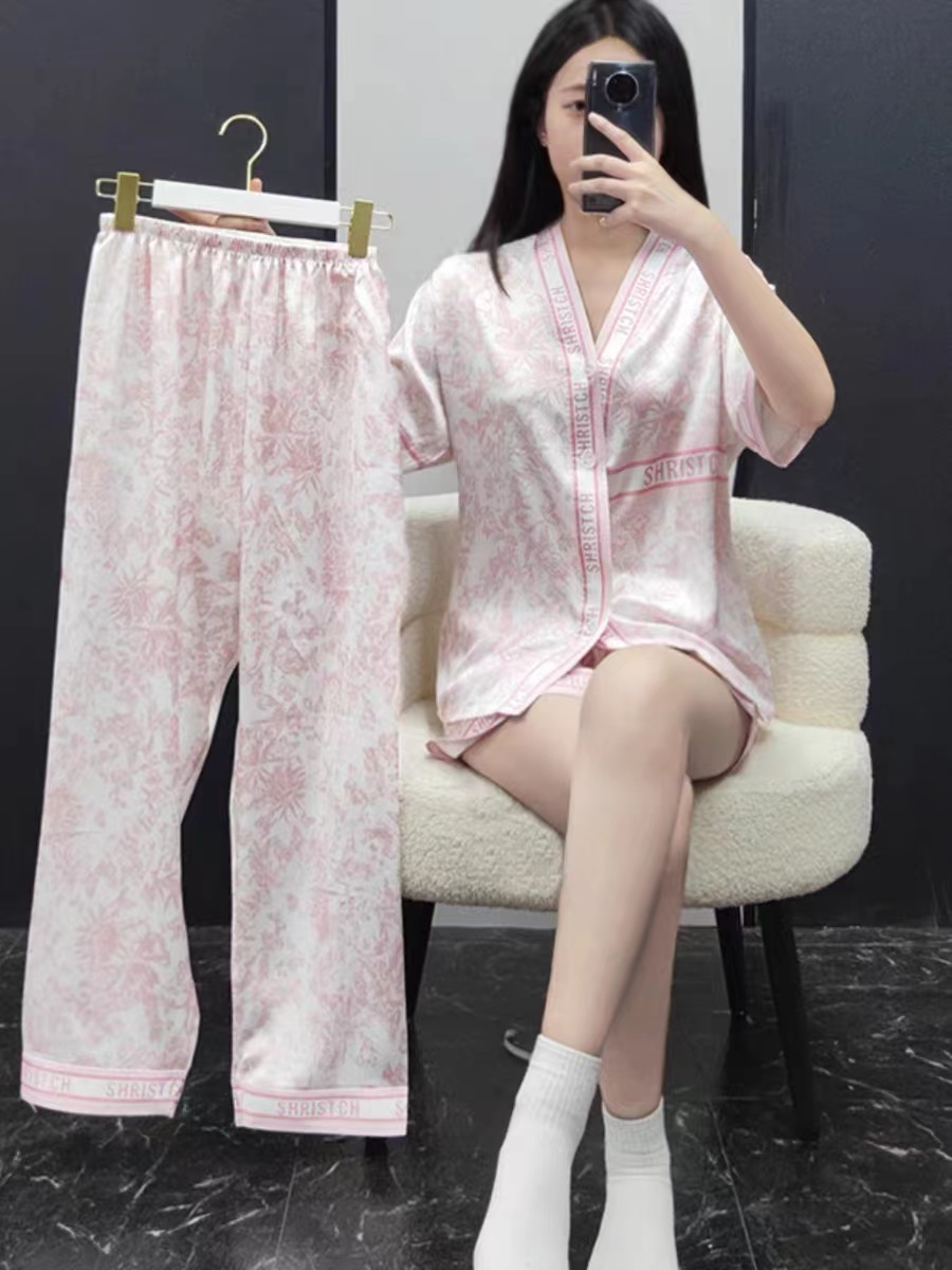 夏季睡衣女新款冰雪丝滑三件套装印花高级感家居服短袖可外穿春秋