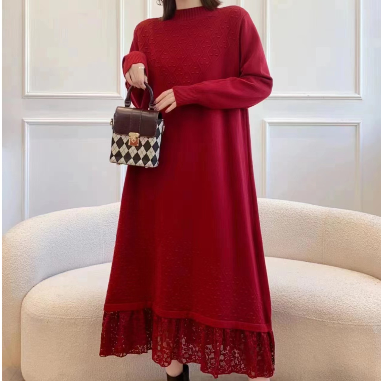 秋冬新款蕾丝针织打底裙宽松圆领