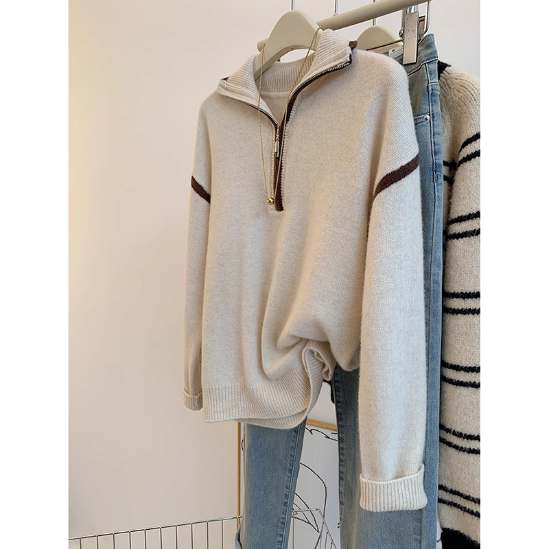 123慵懒风灰色半拉链翻领套头针织衫女秋冬款设计感毛衣2023新款