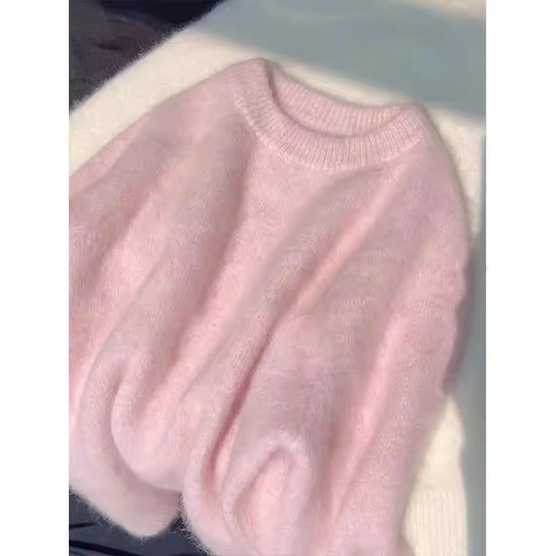 慵懒风粉色套头毛衣针织衫秋冬女装小个子软糯内搭打底衫高档上衣