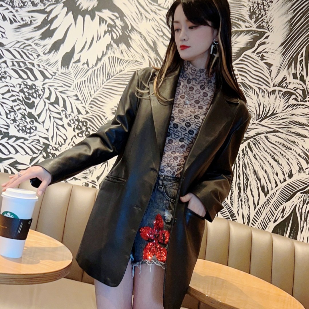 海宁工厂杨1幂1同款秋季西装真皮皮衣女宽松阔版中长款外套显瘦版
