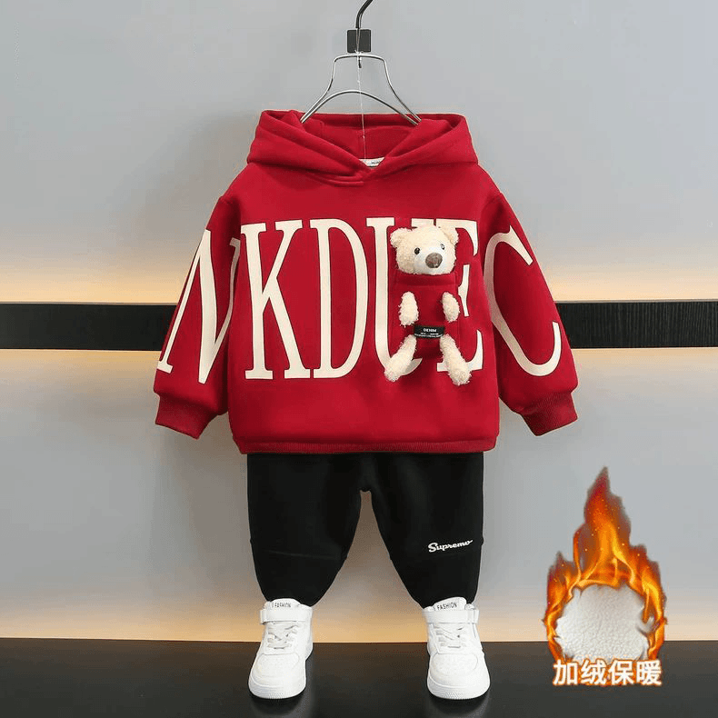 男童男孩卫衣套装新款痞帅帅气男宝秋冬加绒连帽上衣时尚两件套潮