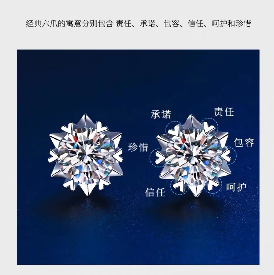925银莫桑石戒指 经典【雪花耳钉】0.5-1/克拉百搭时尚气质耳扣耳环