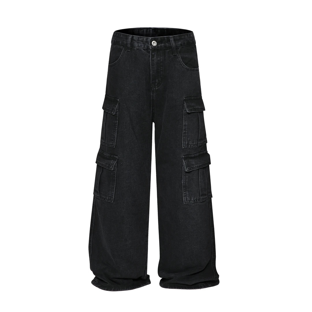得塘studio美式水洗工装牛仔裤男复古阔腿多口袋宽松直筒长裤