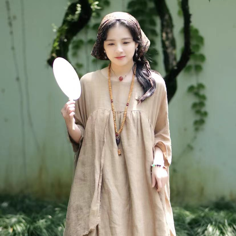 静一棉麻【栖乐】纯色不规则中式宽松禅意早秋新款连衣裙长裙飘逸