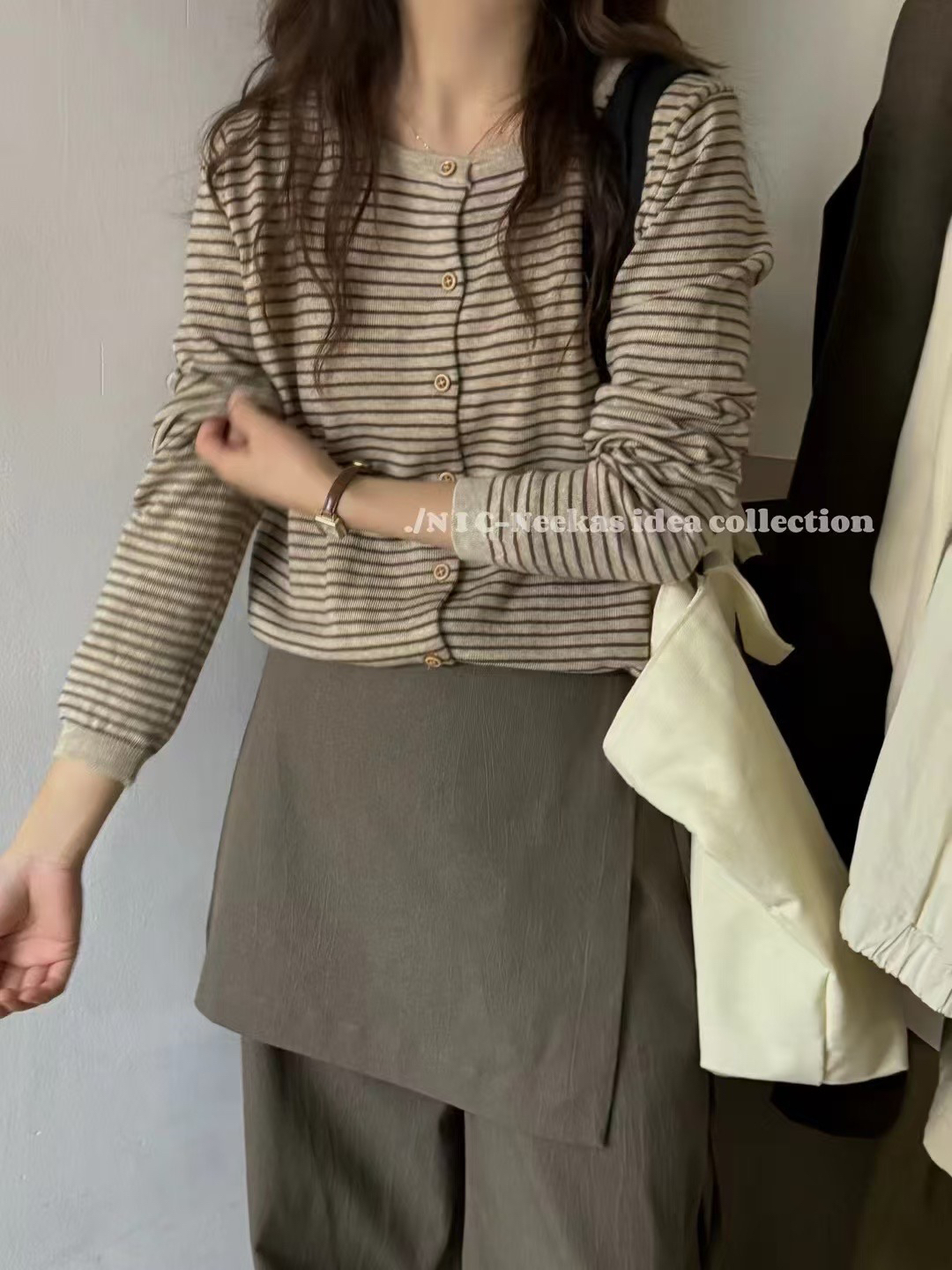 韩系撞色条纹针织开衫圆领百搭毛衣外套