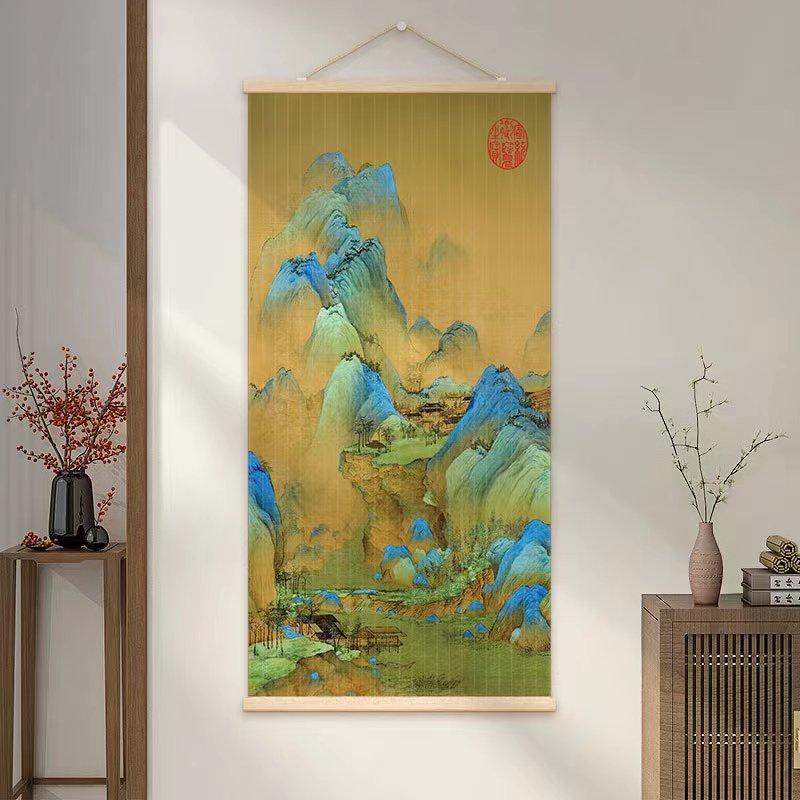 千里江山新中式山水画竹编挂画入户玄关画茶室书房装饰工艺画背景