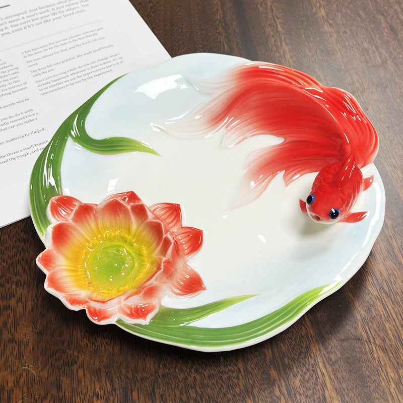 创意中式浮雕金鱼陶瓷饺子盘带醋碟家用小吃盘薯条盘轻奢水饺盘子