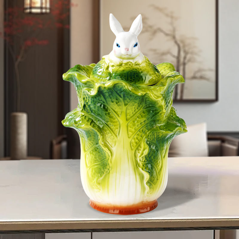 陶瓷白菜摆件密封罐新中式精致手绘瓷家居装饰摆件高端开业礼品
