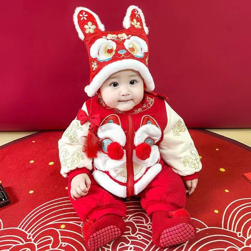婴儿连体衣冬季加绒保暖宝宝新年过年爬服加厚棉服连体哈衣外出服
