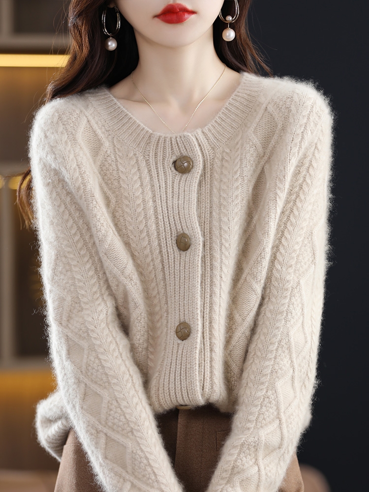 100%纯羊毛开衫女宽松圆领毛衣短款绞花针织衫外套春羊毛衫加厚