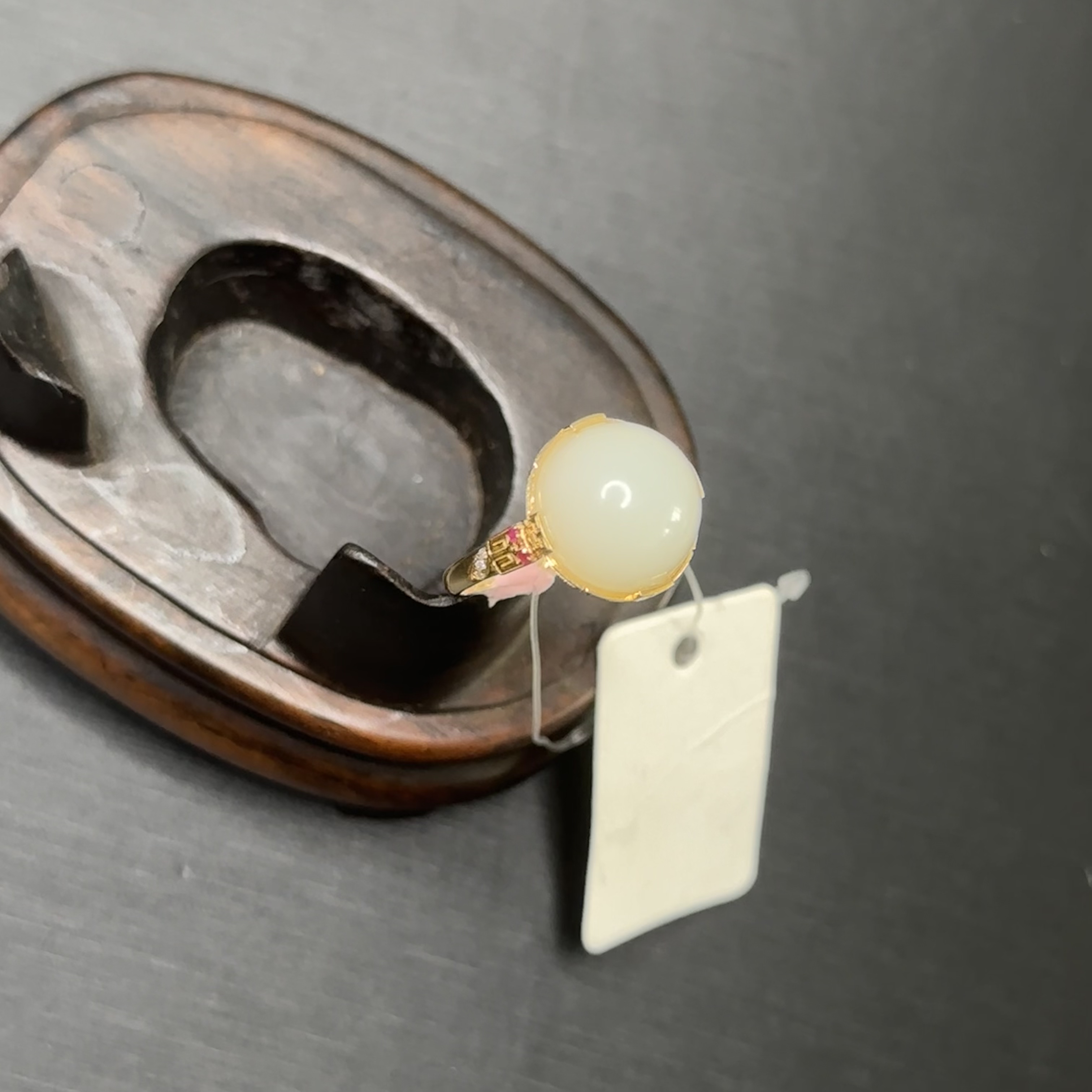 【玉珍缘】和田白玉老料蛋面2钻戒指18k金镶嵌