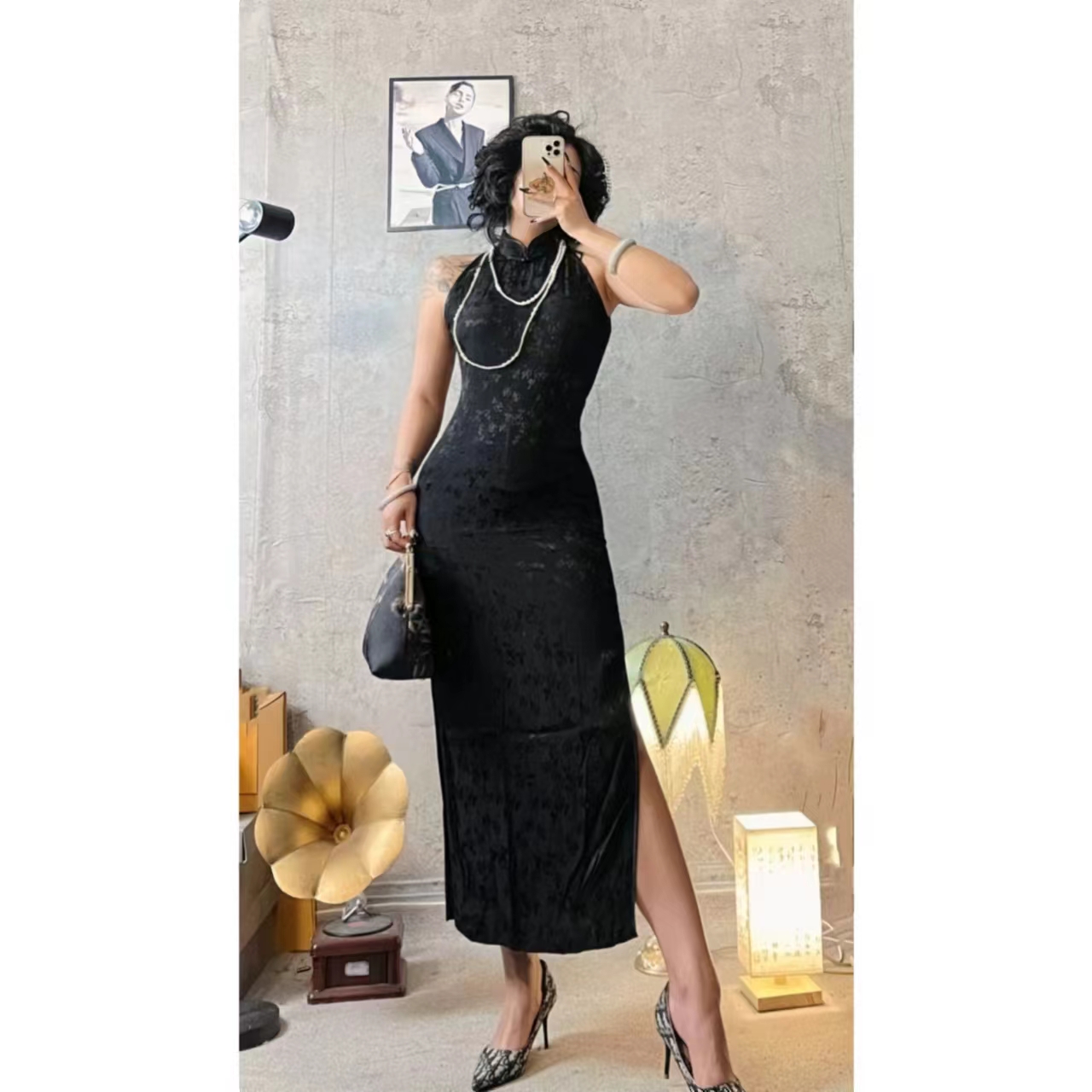 清仓四月芳菲【简素】中国风旗袍蕾丝显瘦气质网红夏季黑色复古中式