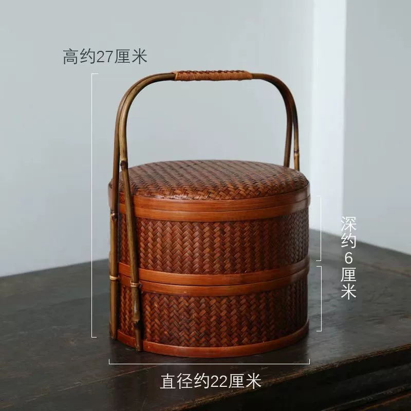唐熙|竹编双层食盒 大漆收纳篮茶具收纳点心月饼礼盒便携野餐盒