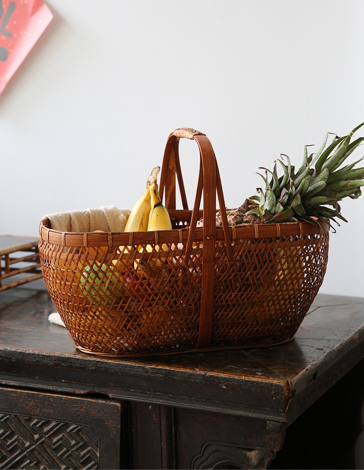 精品大漆竹编提篮 收纳篮果篮野餐篮面包篮 户外买菜提篮提筐