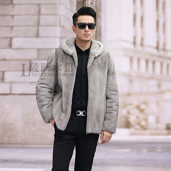 【LY2450陵跃水貂】专柜版-蓝宝石天然色水貂皮草丹麦短二男款连帽