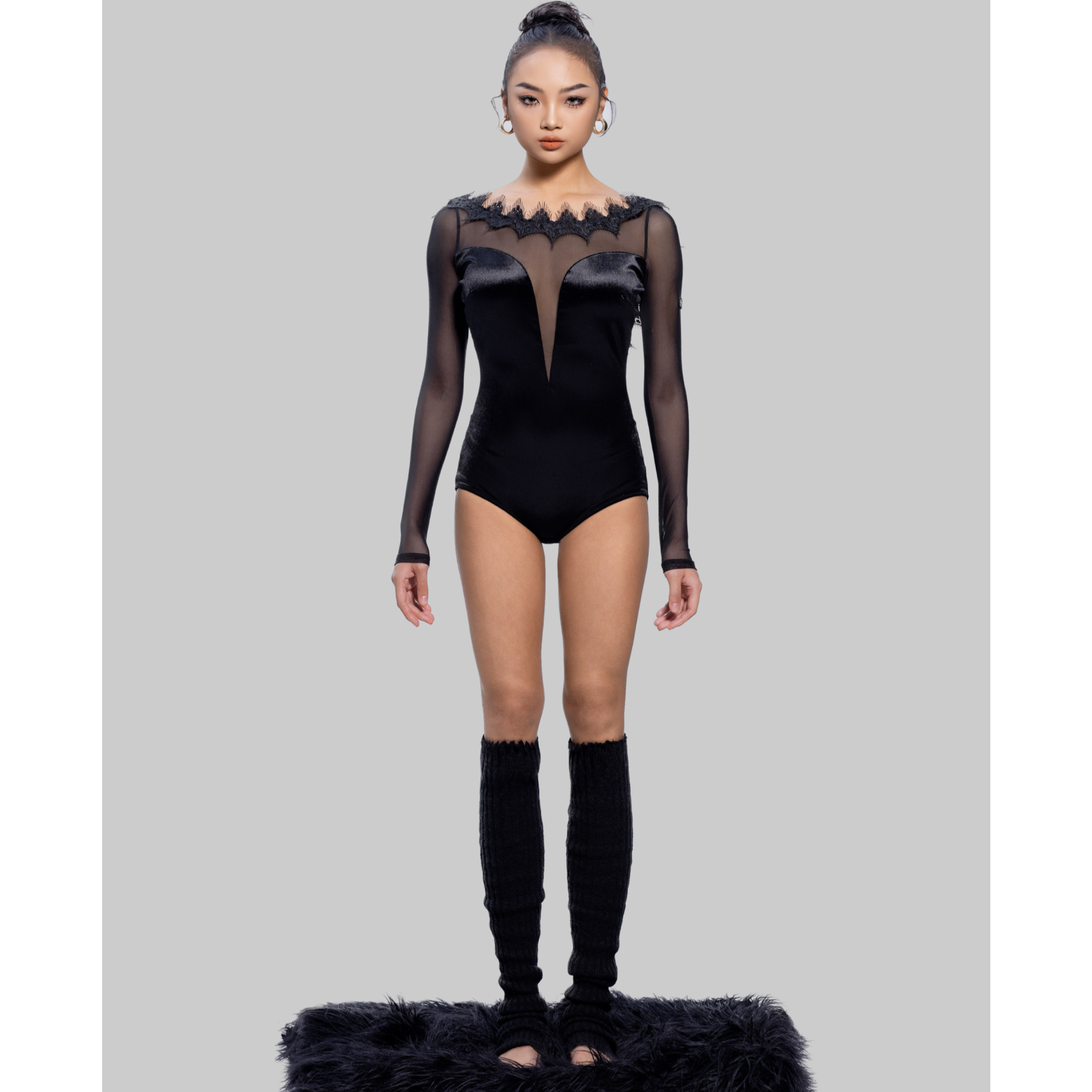 DAVID连体上衣女士拉丁舞练习服丝绒长袖网纱花边大露背DW138