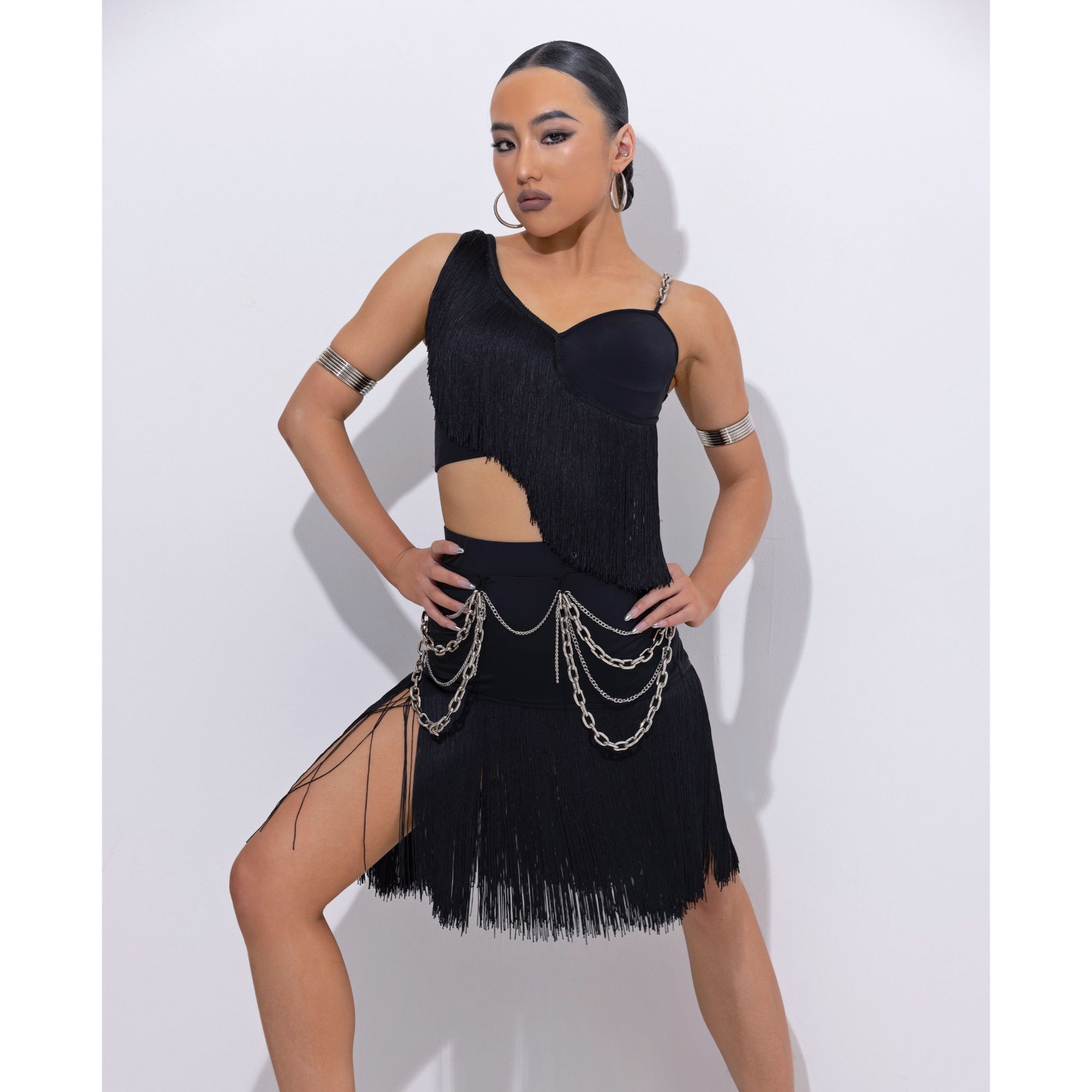 DAVID半身裙女士拉丁舞练习服金属链条包臀流苏DW150