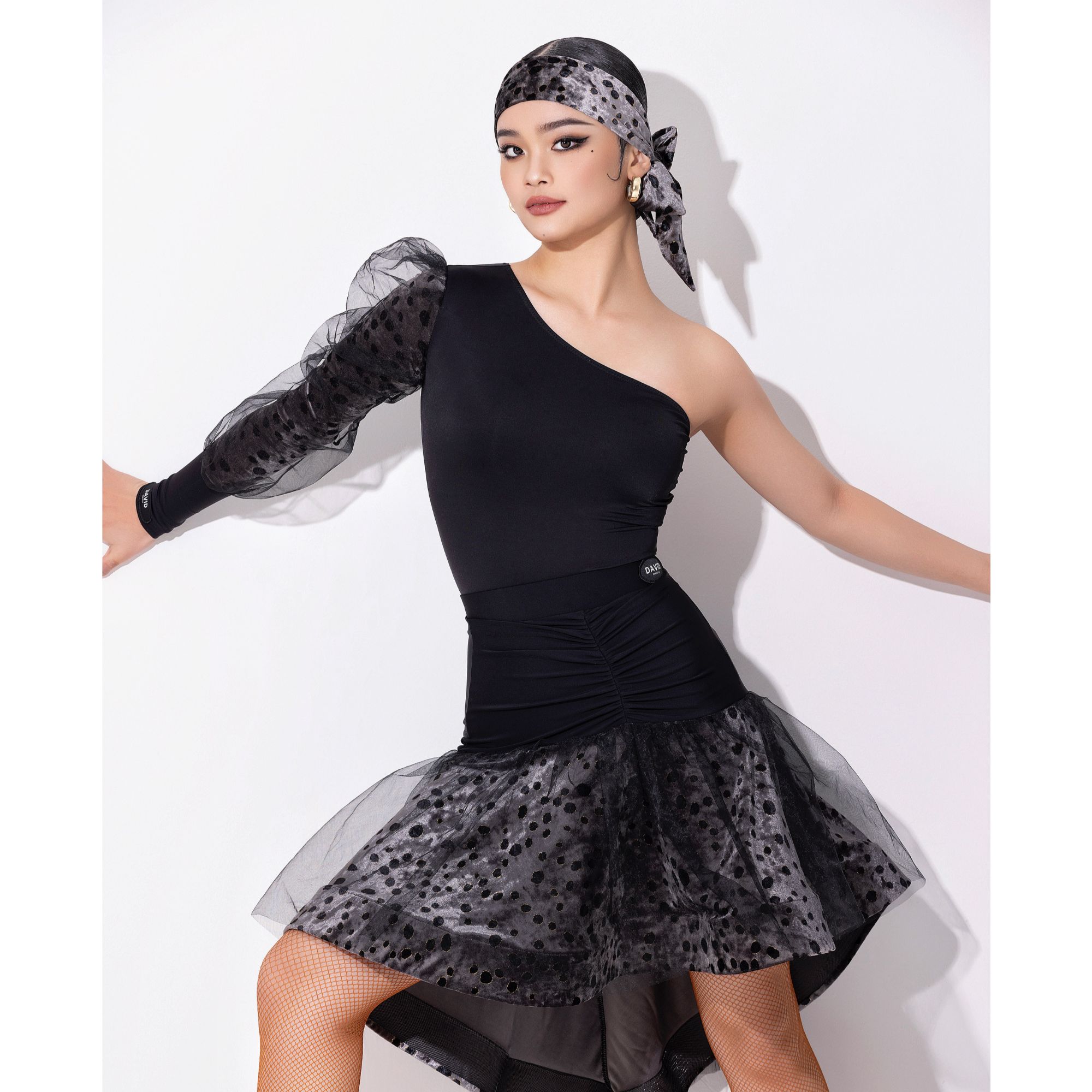 DAVID连体上衣女士拉丁舞练习服斜肩灰色豹纹丝绒网纱泡泡袖DW130
