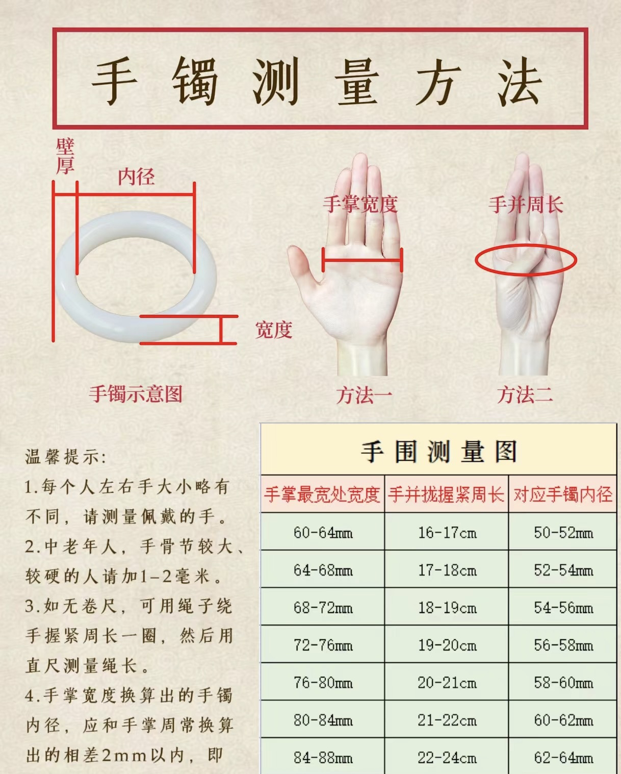 玉手镯尺码对照表 勿拍哦