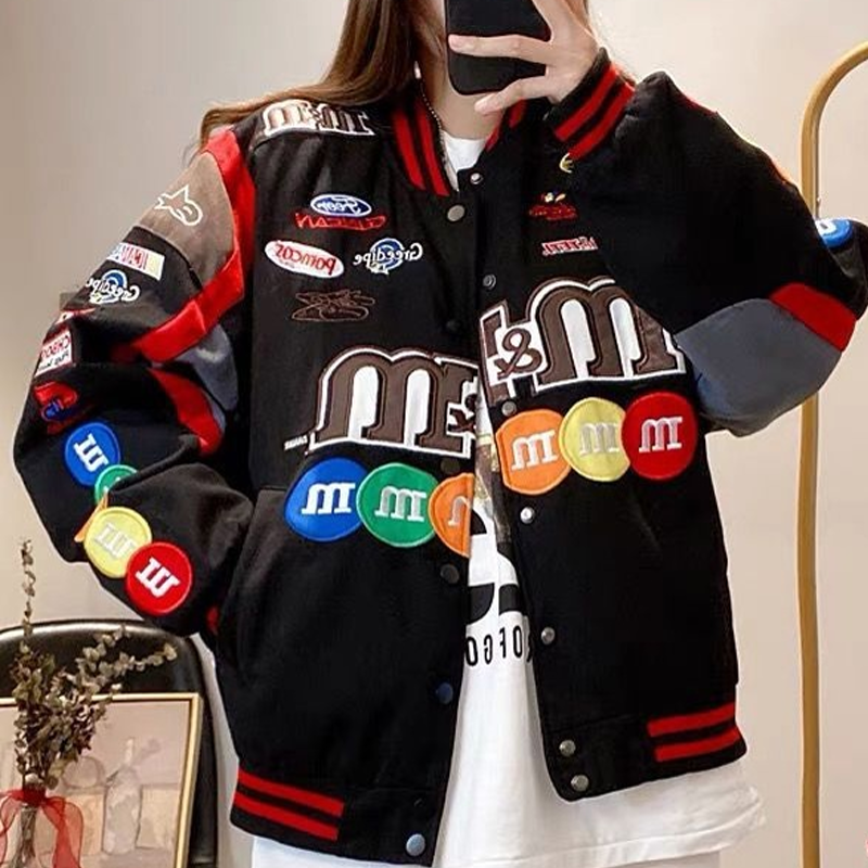 秋季美式高街字母mm豆棒球服外套拼色情侣宽松赛