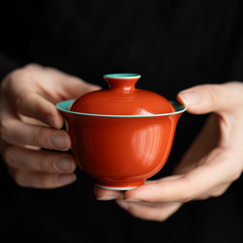 叙事复古故宫红盖碗手工陶瓷二才盖碗家用小号泡茶碗松石绿茶艺碗