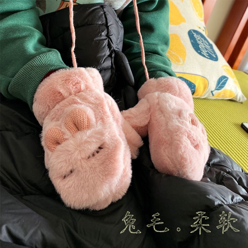 女童手套1-5-10岁冬季加厚兔毛柔软毛绒韩版挂绳加绒保暖儿童防寒