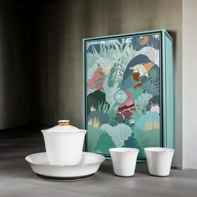 隐雕蝶恋迷你1号三才盖碗4入茶碗茶杯泡茶器具茶具套组高档白瓷