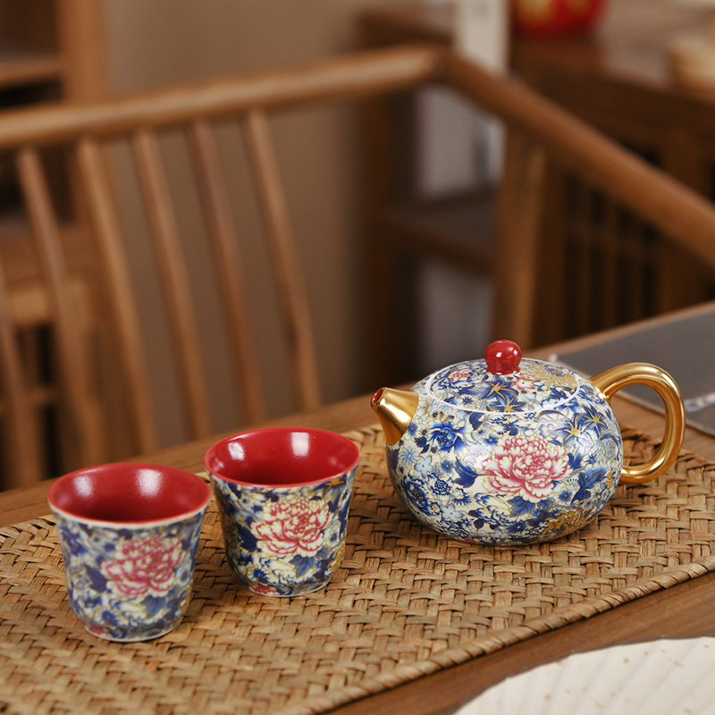 成艺中式礼盒装陶瓷高档家用描金过滤万花银锦西施壶3入一壶两杯