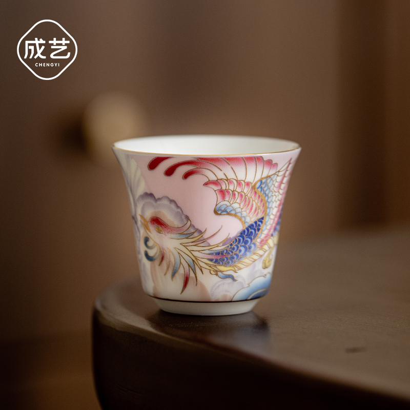 凤凰祥瑞迷你反口杯茶杯单杯白瓷珐琅彩描金主人杯凤凰客杯