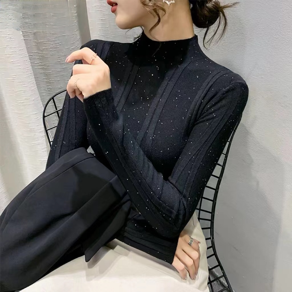 南油小吴高端定制款亮晶晶小钻秋冬修身黑色气质半高领针织上衣