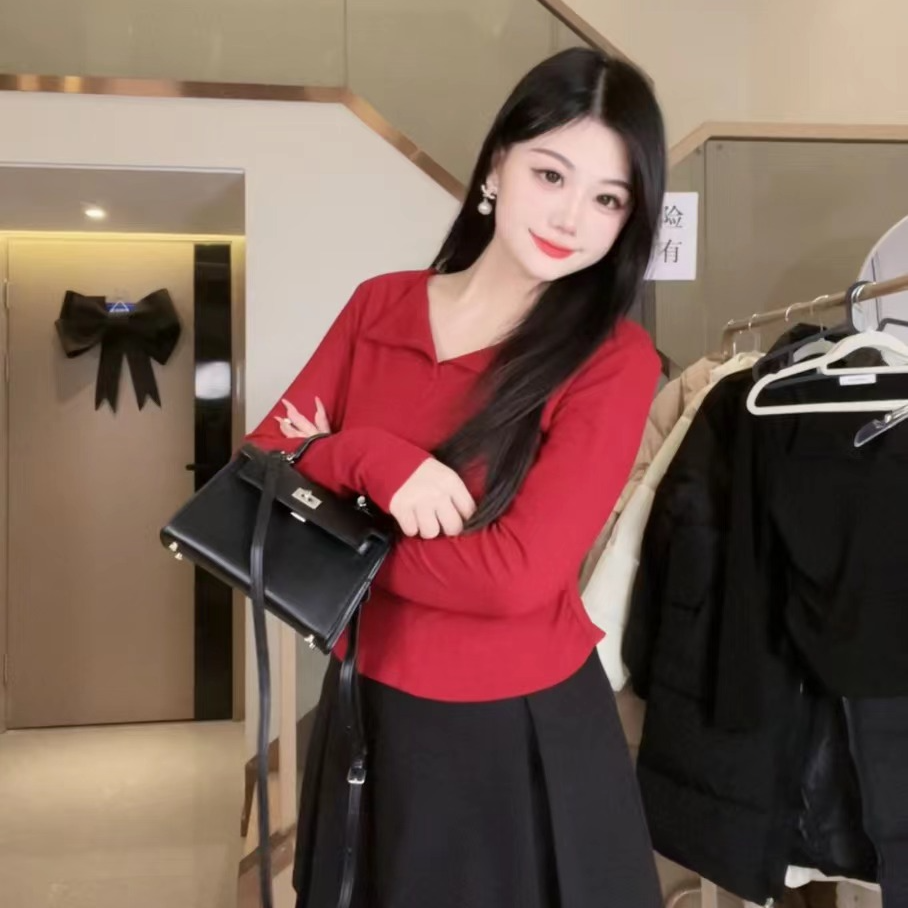 【现货】大码胖MM背心打底衫秋冬内搭V领显瘦长袖T恤上衣百搭收腰