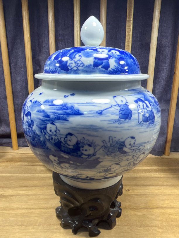青花重工百子茶叶罐 醒茶罐 摆件