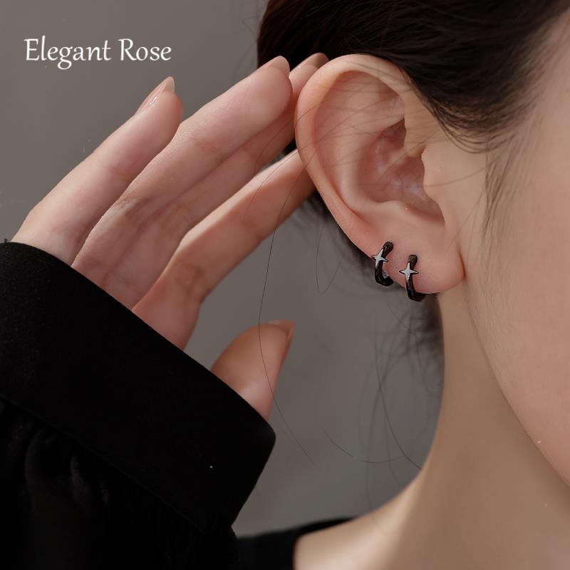 足银耳饰 【彩洛伊】 「个性大方」足银酷黑耳扣睡觉免摘十字